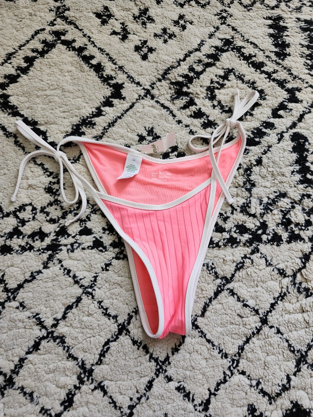 aerie Neon Pink Ribbed Tie-Side Bikini Bottom with White Trim